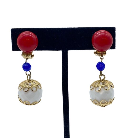 Vintage Hong Kong Red Blue & White Clip-On Dangle Earrings Gold-Tone Filigree - Picture 1 of 9